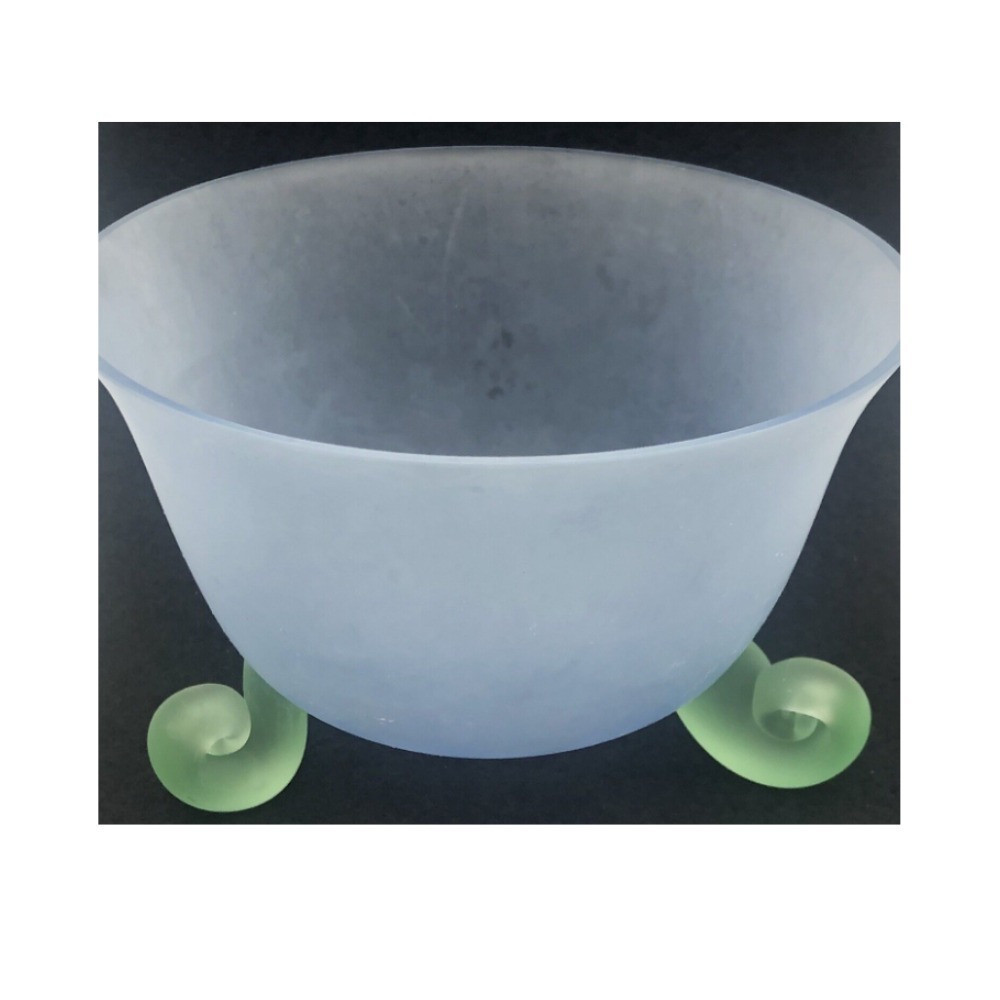 Glass Nut Candy or Treat Bowl Dish Satin Frost Blue With Green Snail Shaped Feet